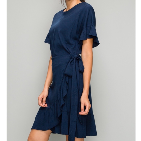NWT Navy Ruffle Hem Wrap Dress - Picture 1 of 5